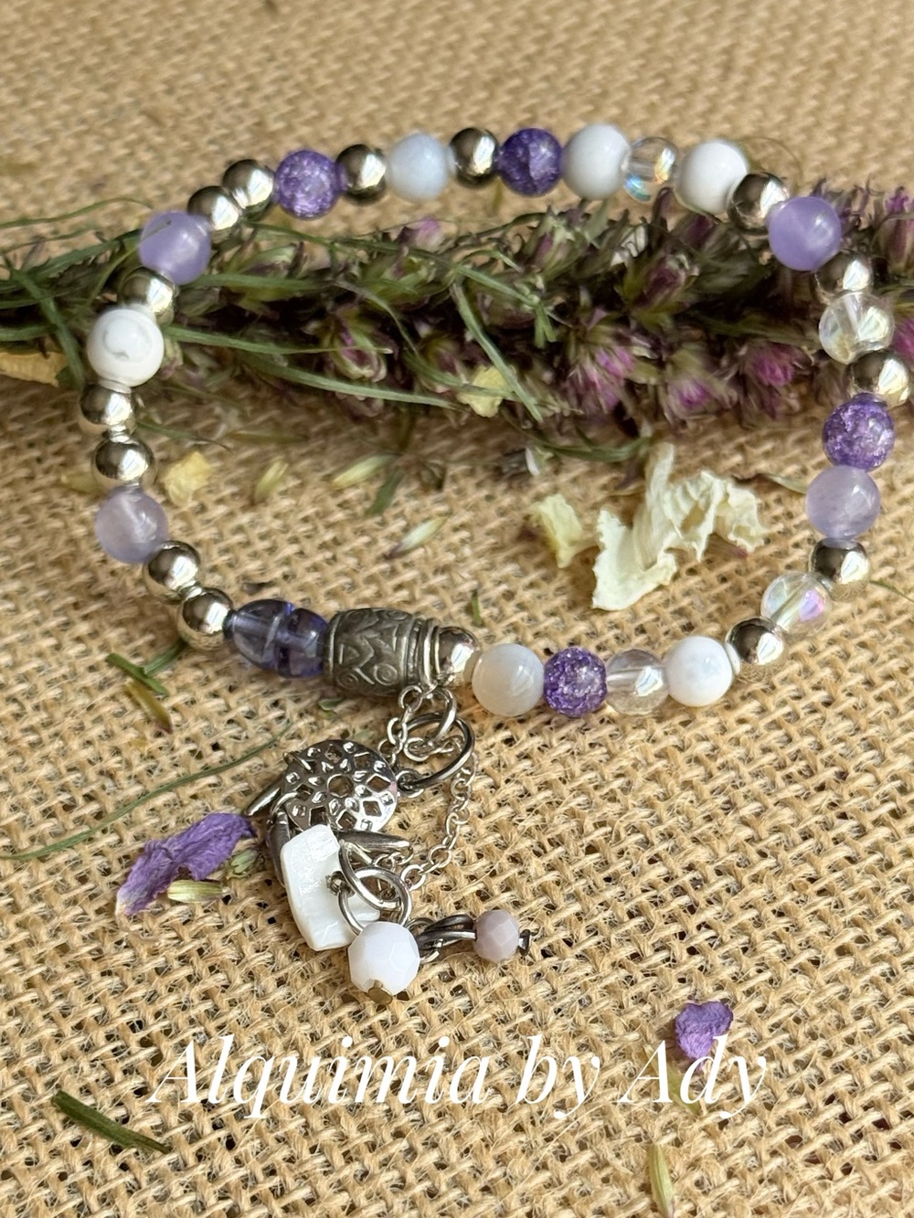 Purple jade , Lavender quartz & White agate Beaded Charm Bracelet FALL